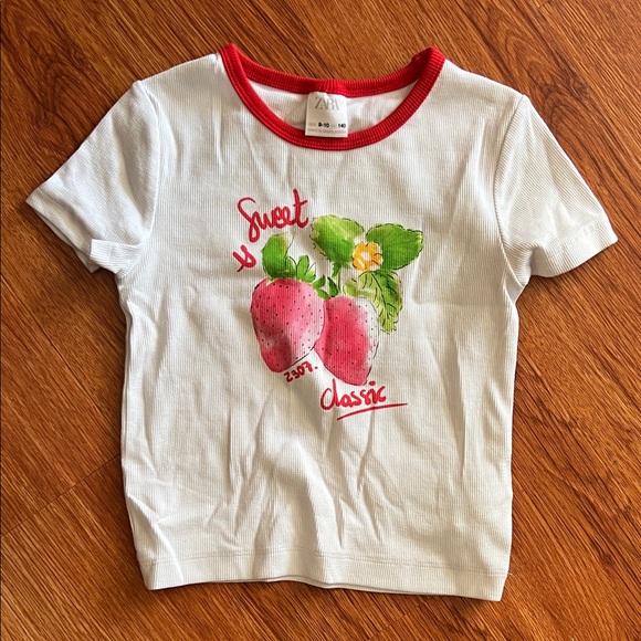 Zara Other - Zara Classic White Tee with Red Accents and Strawberry Design